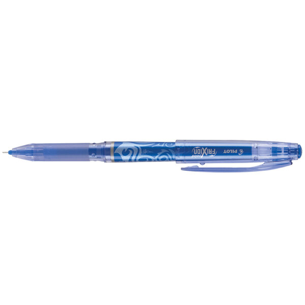 A blue Pilot Frixion Point pen with a blue cap.