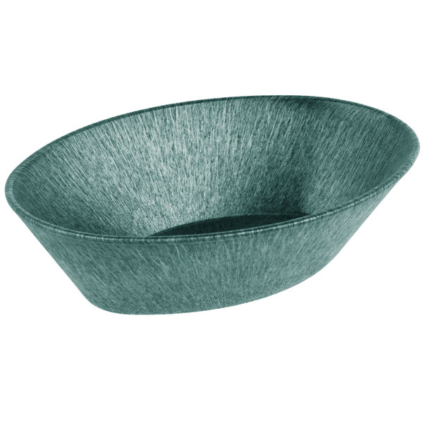 A white polyethylene oval bowl with a green rim.