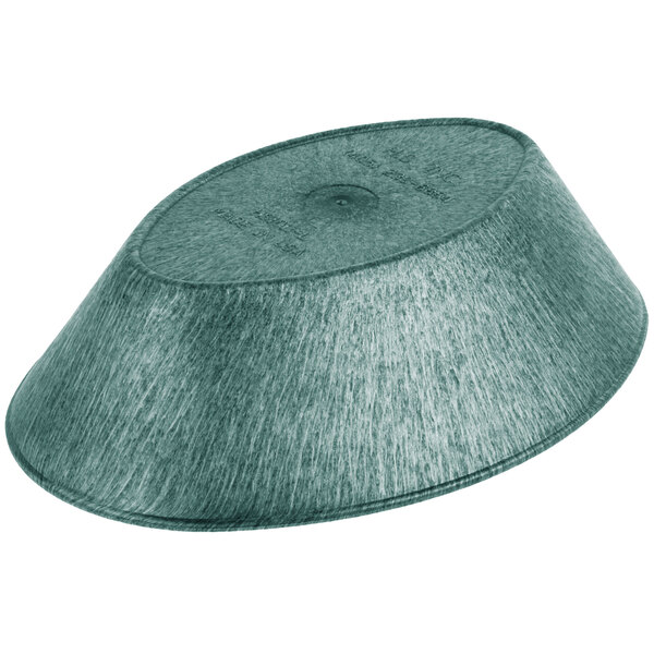 A green polyethylene oval basket with jalapenos in it.