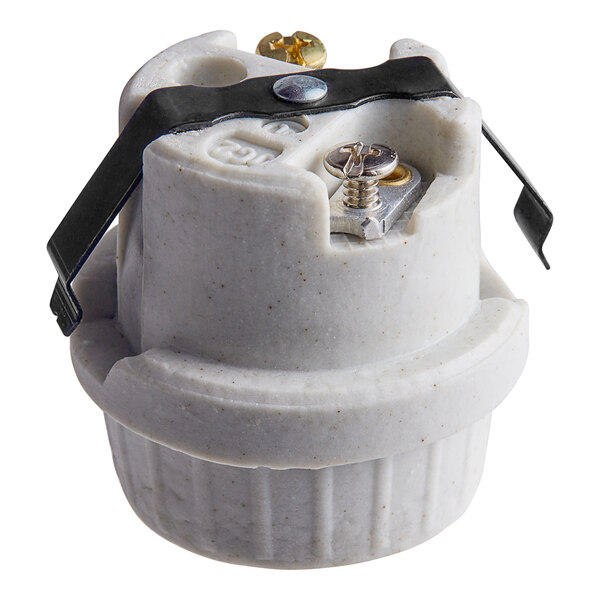 A white plastic lamp socket with metal clips.