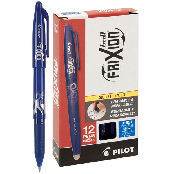 A blue rectangular box of Pilot FriXion Ball Blue Ink Pens.