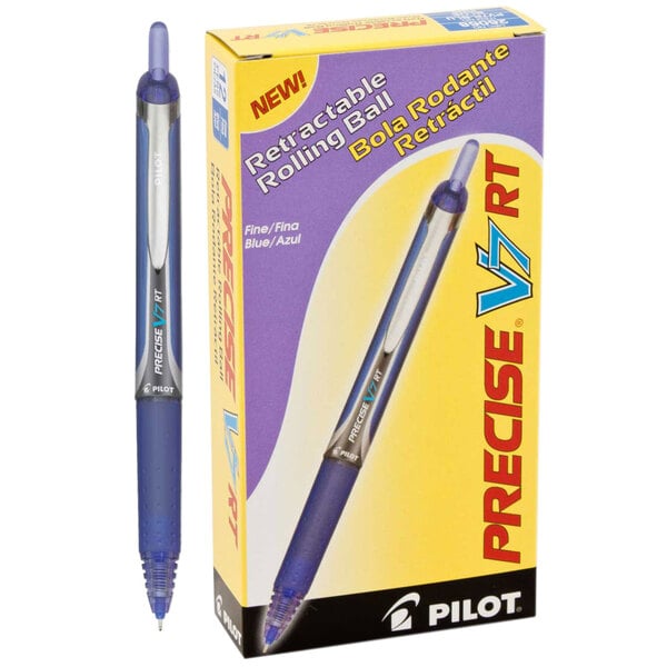 A box of 12 Pilot Precise V7RT blue ink pens with blue barrels.
