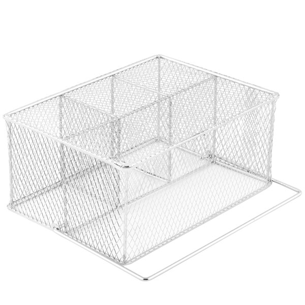 A chrome-plated wire mesh flatware caddy with six compartments.