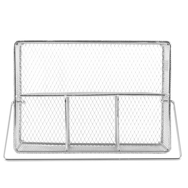 A chrome wire mesh flatware caddy with three compartments.