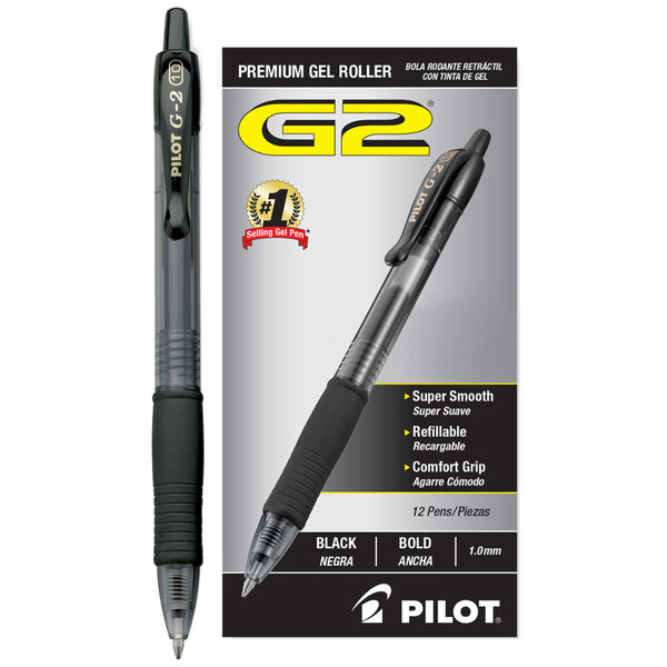 A package of 12 Pilot G2 black gel pens with translucent smoke barrels.