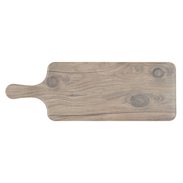 A Thunder Group Sequoia faux wood melamine serving board with a handle.