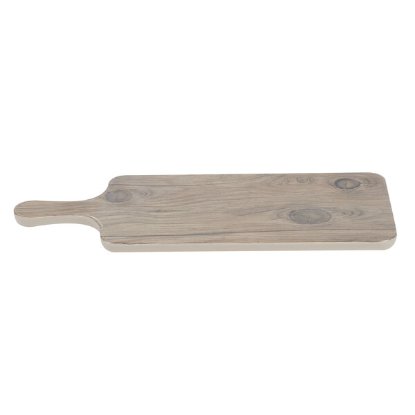A Thunder Group Sequoia faux wood melamine serving board with a handle.
