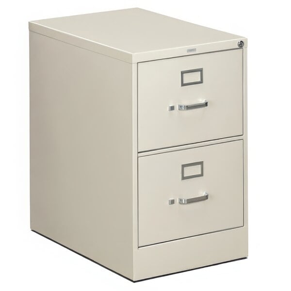 A white HON two-drawer file cabinet.