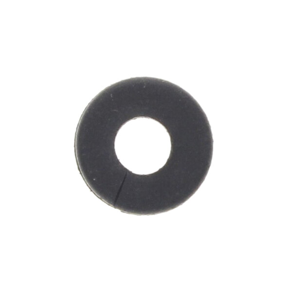 A black rubber grommet with a hole in the middle.