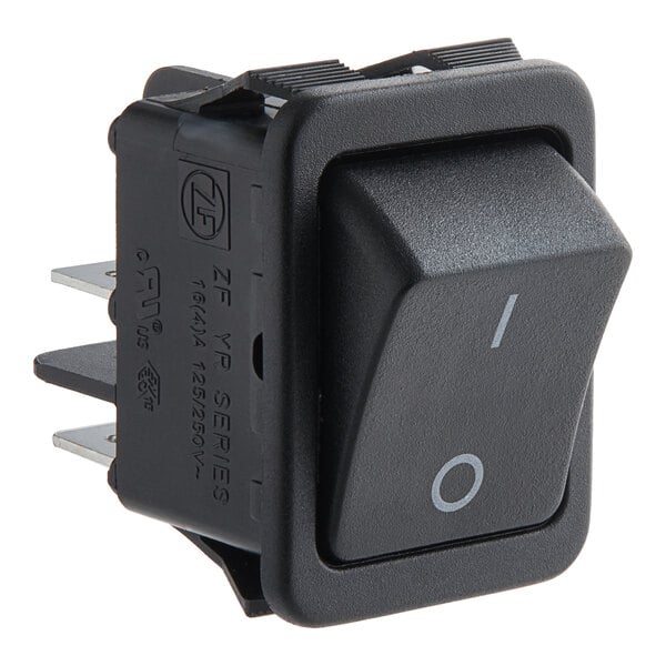 A black rocker switch with a white button and white text on it.