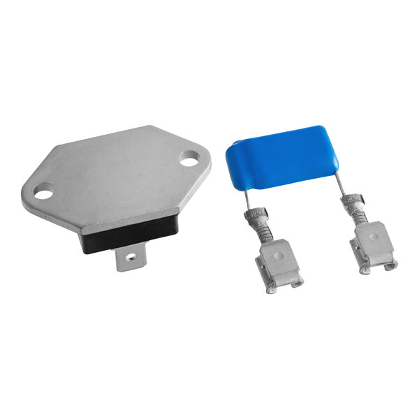 A close up of two hexagon shaped metal electrical components with blue and silver coloring.