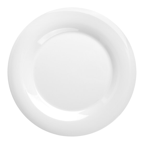 A white, wide-rimmed melamine plate.