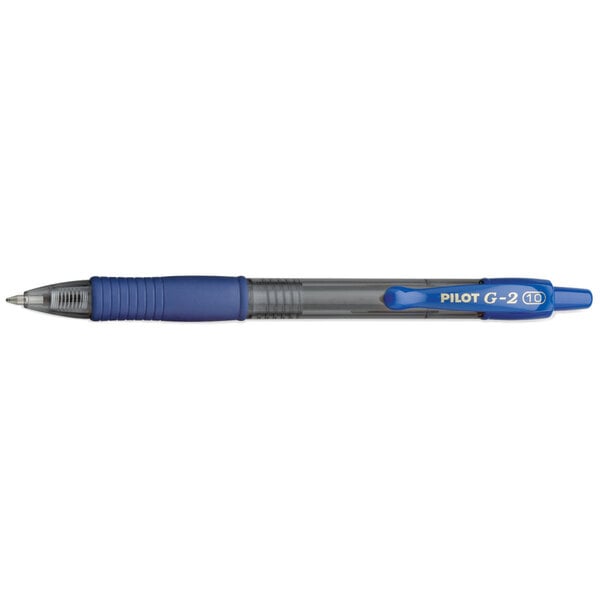 A close-up of a Pilot G2 blue gel pen with a translucent smoke barrel and silver tip.