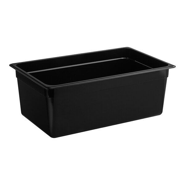 A black rectangular Cambro plastic food pan.
