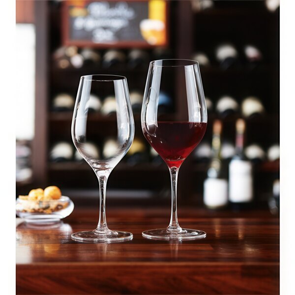 Two Chef & Sommelier Bordeaux wine glasses filled with red wine on a table.