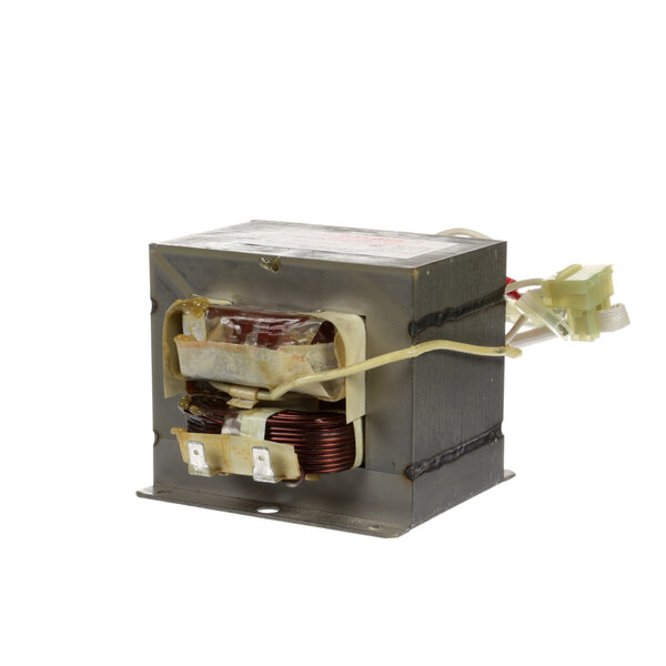 A close-up of an Amana HV transformer with wires and a small box.