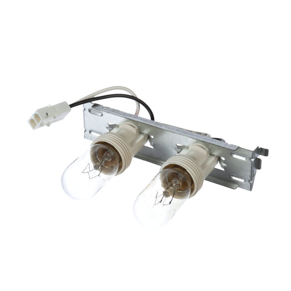 Amana Commercial Microwaves lamp holder assembly with two light bulbs with wires attached.