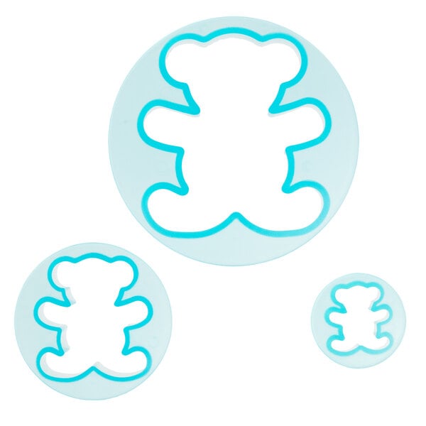 A blue plastic Ateco teddy bear cutter set.