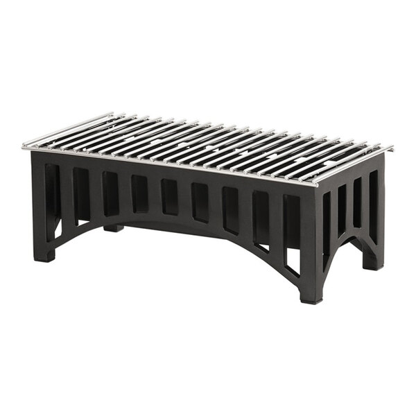 A rectangular black chafer alternative with a stainless steel grill top, measuring 22 inches by 12 inches by 7.5 inches.