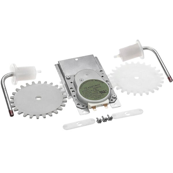 A motor and gear kit with red tips for wires.