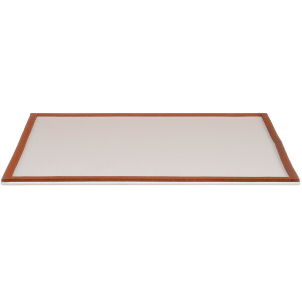 A white board with brown trim.