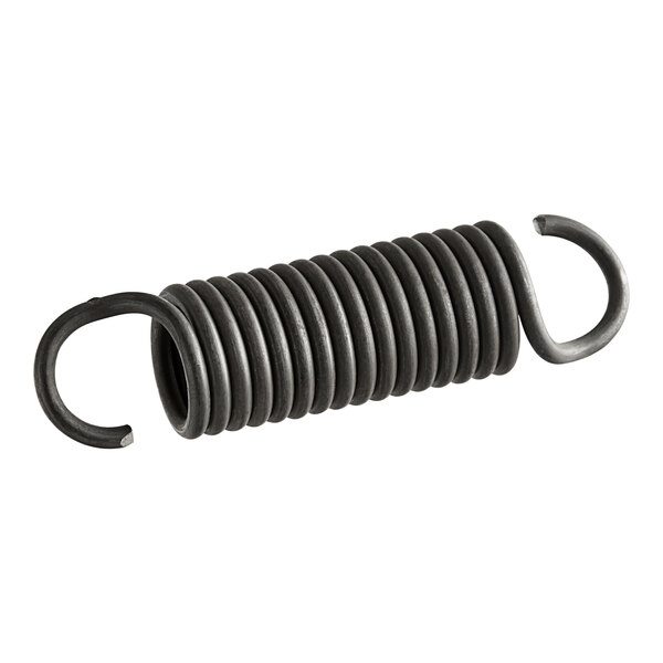 A close-up of a black metal spring with a metal hook.