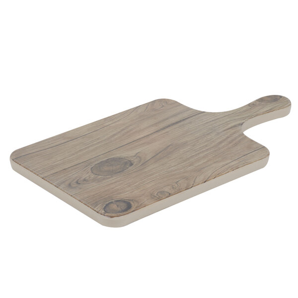 A Thunder Group Sequoia faux wood melamine serving board with a handle.