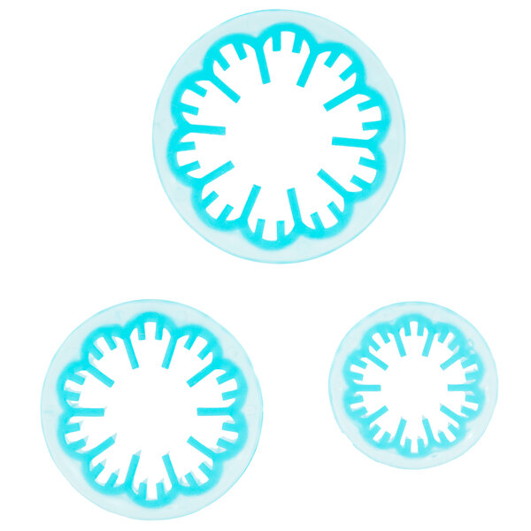 A blue Ateco plastic carnation cutter set with a white background.