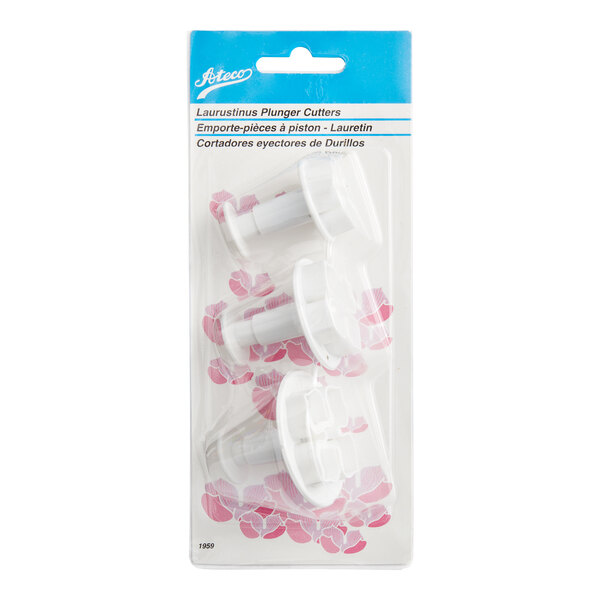 A package of three blue plastic flower-shaped plunger cutters.