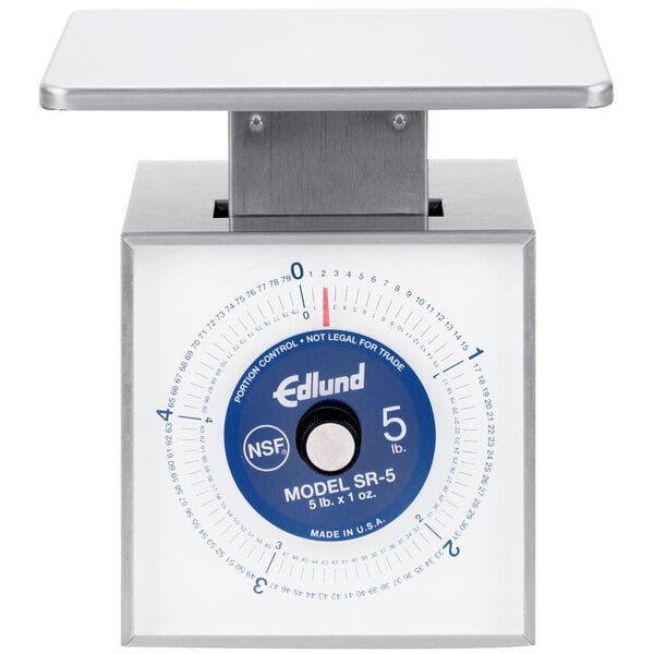 An Edlund Premier Series mechanical portion scale with a blue and silver dial.