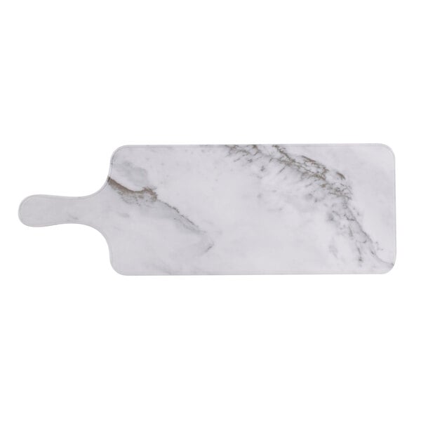 A white marbled melamine serving board with a handle.