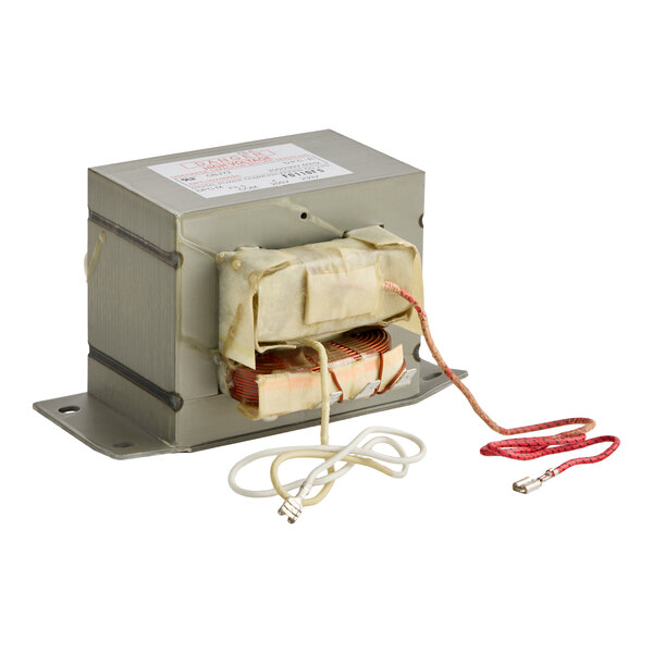 A high voltage transformer with attached wires and a metal casing.