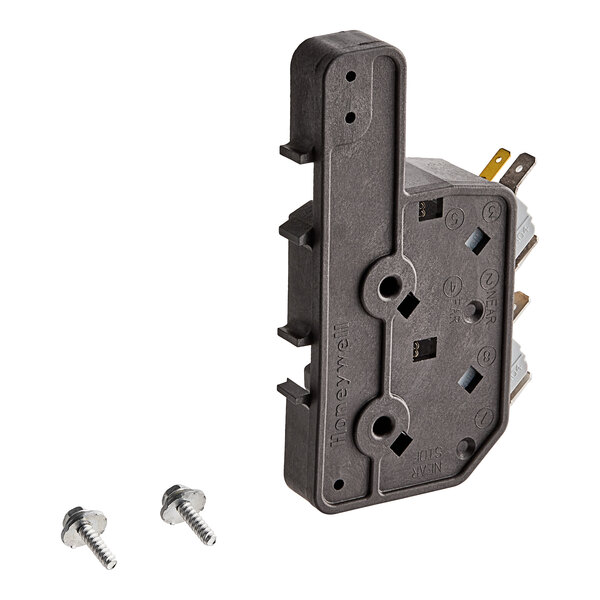 A black plastic Amana interlock switch with screws.