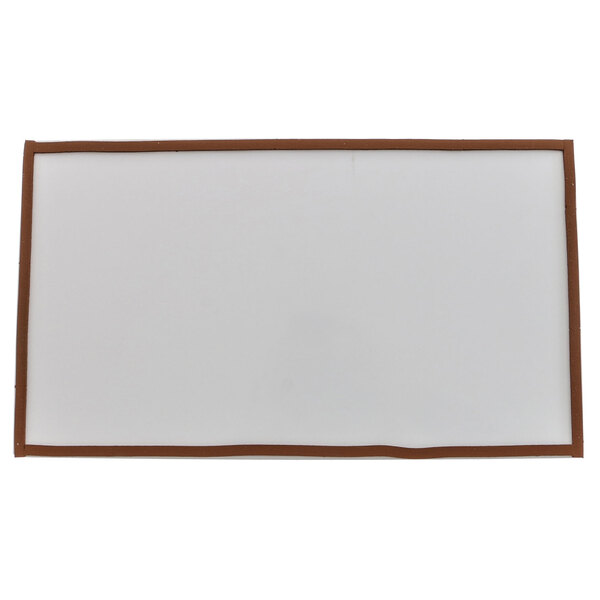 A white rectangular tray with a brown border and brown handle.