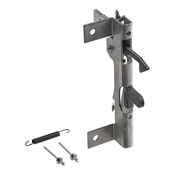 A metal Amana door latch with screws and a screwdriver.