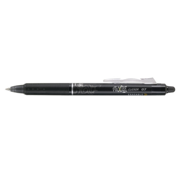 A Pilot FriXion Clicker black pen with a black barrel and white tip.