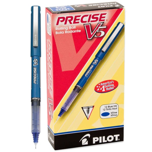 A box of 12 Pilot Precise V5 blue ink roller ball stick pens with blue barrels.