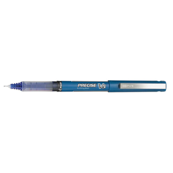 A Pilot Precise V5 blue ink pen with a clear cap.