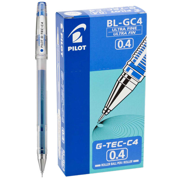 A blue and clear Pilot G-TEC-C Ultra Gel Pen next to a blue box.