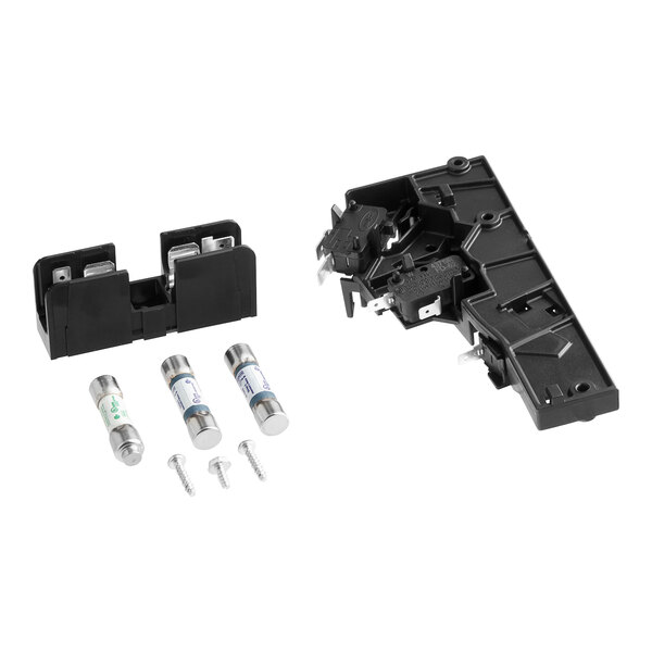 An Amana black plastic interlock switch assembly with silver metal parts.