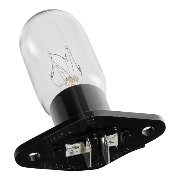 An Amana lamp/socket assembly with a black base and a light bulb with a white background.