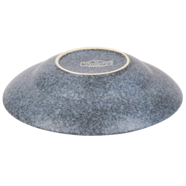A gray stoneware bowl with a blue rim.