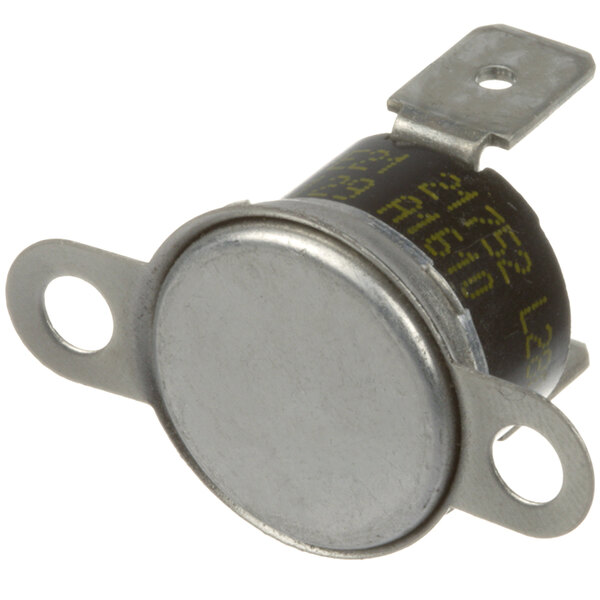 A small round metal Amana Cutout-Thermal thermostat with a black and yellow band.