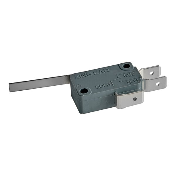 A grey rectangular plastic Cooking Performance Group door switch with metal corners and a metal blade.
