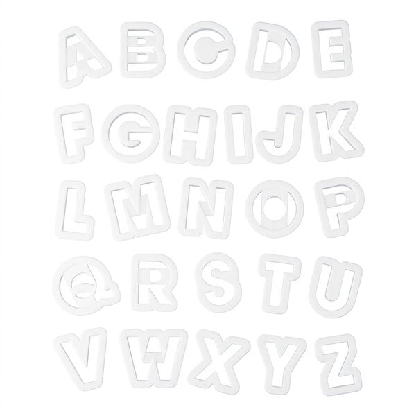 A set of white plastic alphabet-shaped cutters arranged in rows from A to Z.