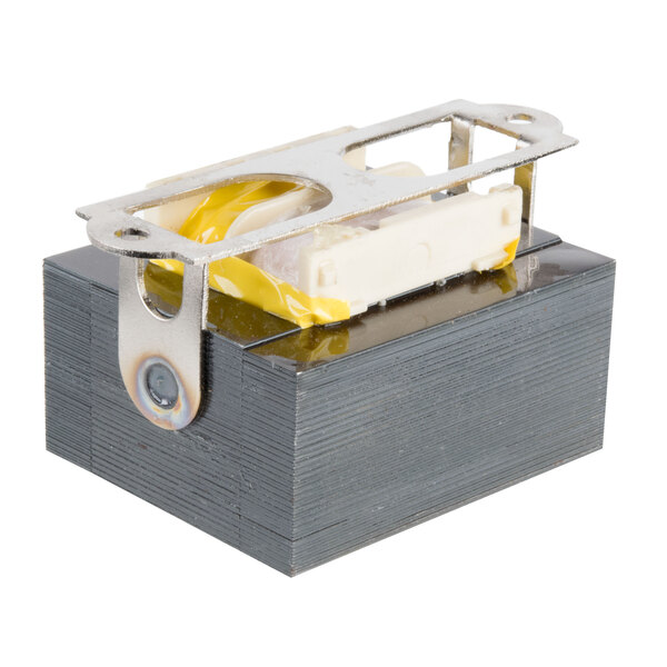 A black rectangular Cooking Performance Group transformer with metal holders and yellow and white wires.