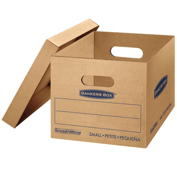 A close-up of a brown Kraft Banker's Box with blue text.