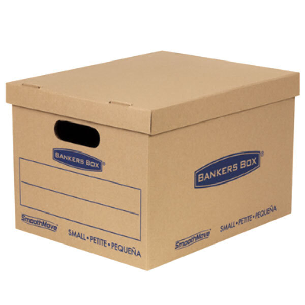 A brown cardboard box with blue and white writing that says "Banker's Box"