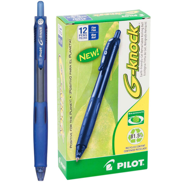 A Pilot G-Knock BeGreen blue pen next to its blue packaging.