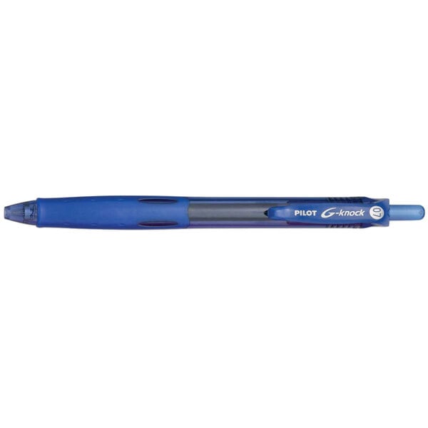 A Pilot G-Knock BeGreen blue pen with a blue cap.
